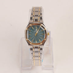 Two Tone Women's Silver Chain Wrist Watch With Green Dial