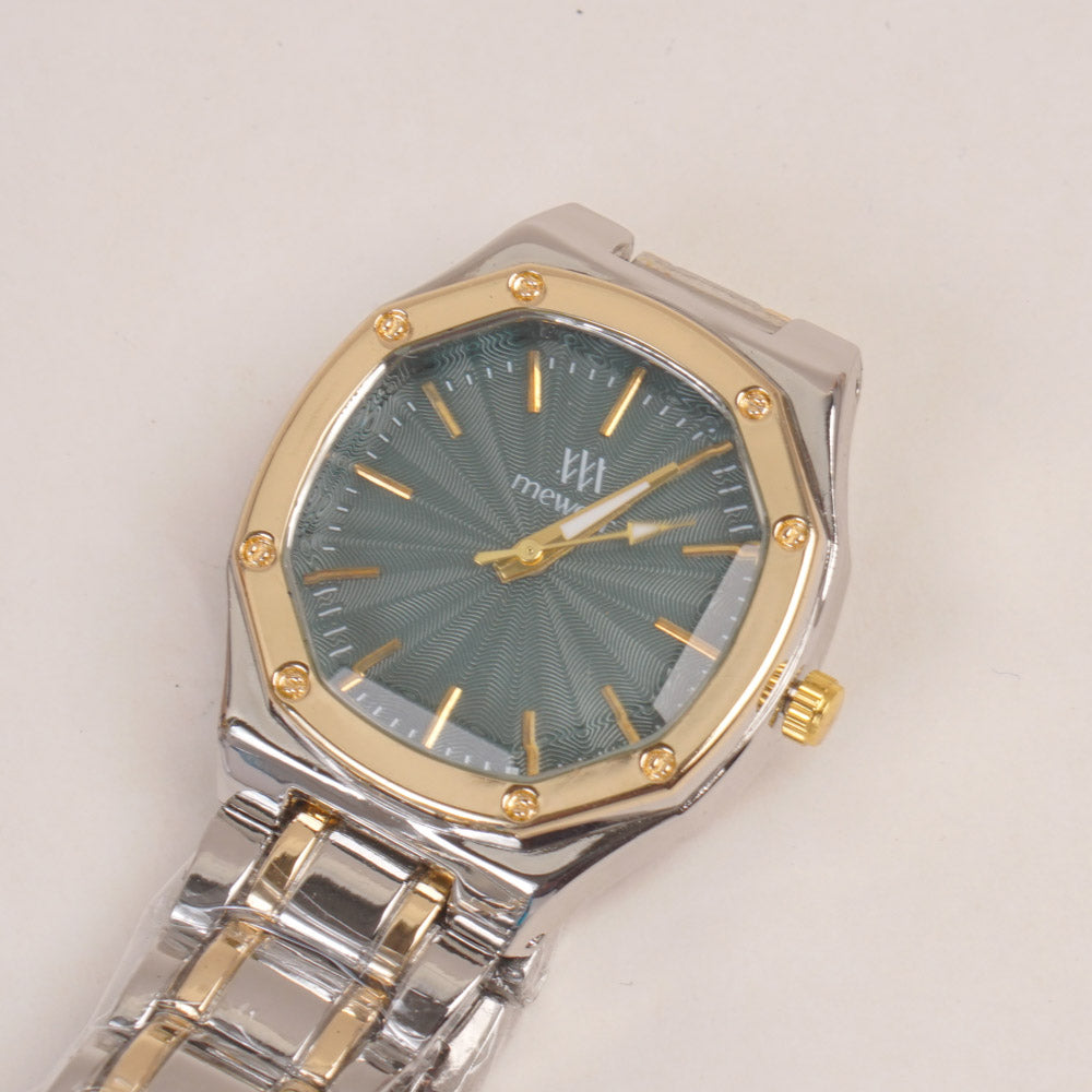 Two Tone Women's Silver Chain Wrist Watch With Green Dial