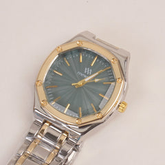 Two Tone Women's Silver Chain Wrist Watch With Green Dial