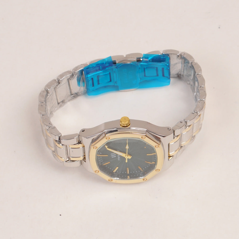 Two Tone Women's Silver Chain Wrist Watch With Green Dial