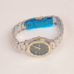 Two Tone Women's Silver Chain Wrist Watch With Green Dial