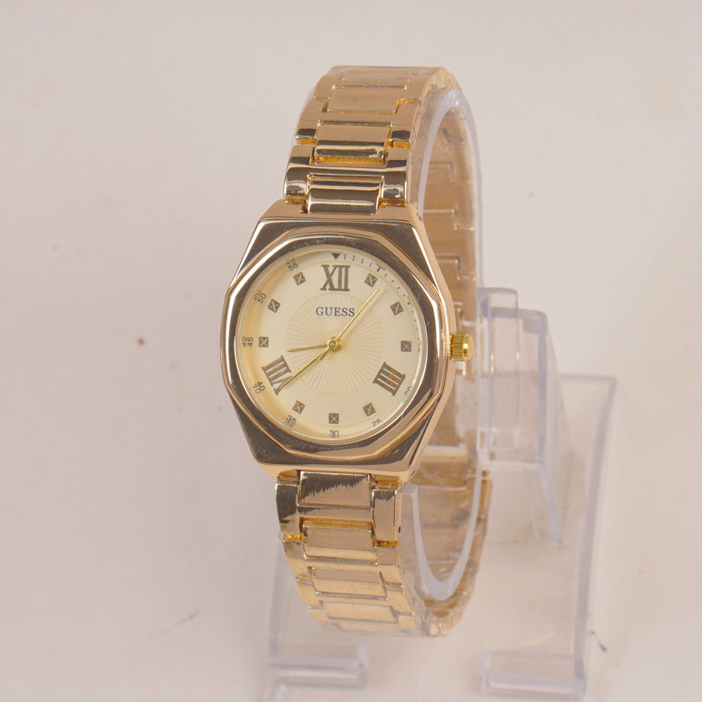 Woman Golden Chain Watch With Golden Dial