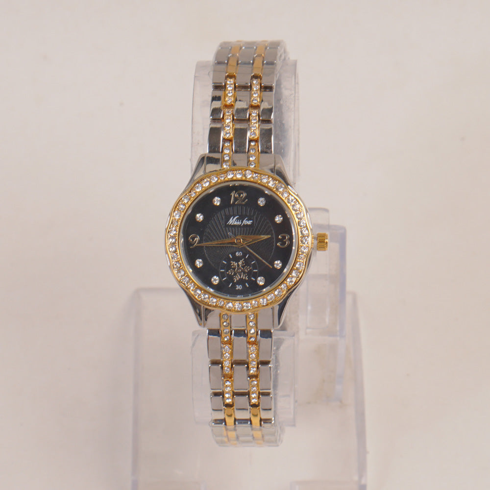 Two Tone Woman Fancy Chain Watch Golden Black Dial