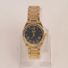 Woman Golden Chain Watch With Black Dial