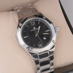 Silver Chain Mans Wrist Watch Black Dial