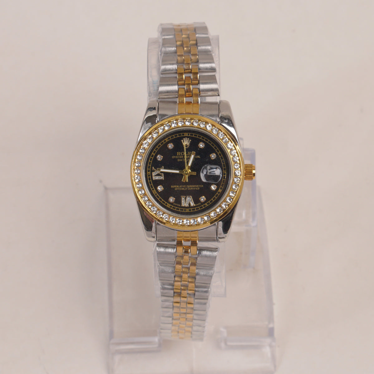 Two Tone Women's Golden Chain Wrist Watch With Black Dial