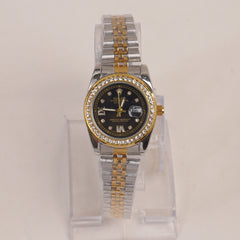 Two Tone Women's Golden Chain Wrist Watch With Black Dial