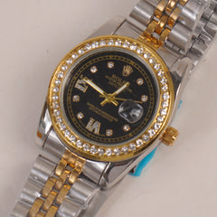 Two Tone Women's Golden Chain Wrist Watch With Black Dial