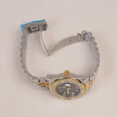 Two Tone Women's Golden Chain Wrist Watch With Black Dial