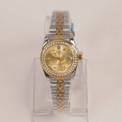 Two Tone Women's Golden Chain Wrist Watch With Golden Dial