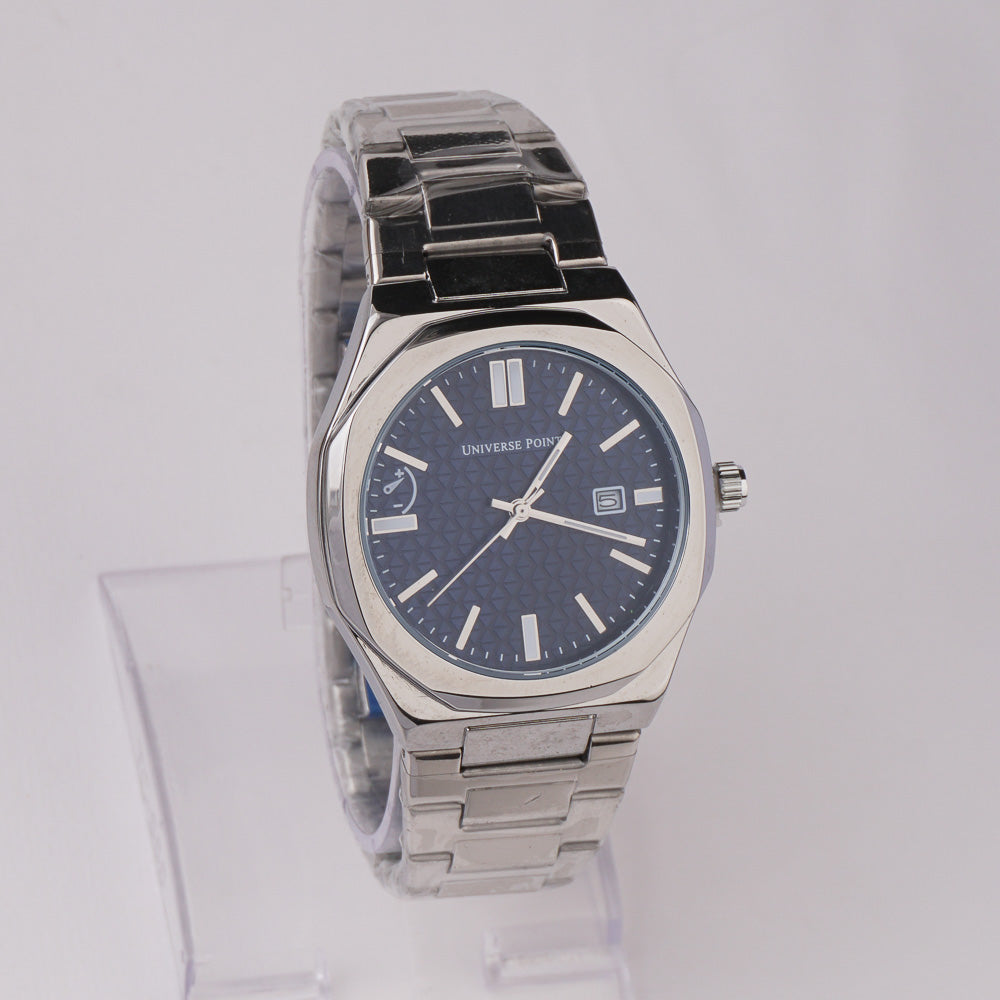 Silver Chain Mans Wrist Watch Blue Dial