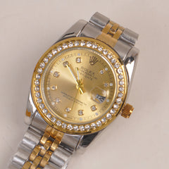 Two Tone Women's Golden Chain Wrist Watch With Golden Dial
