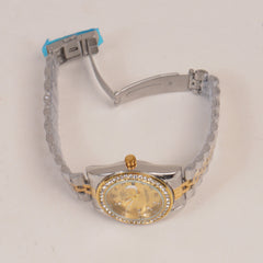 Two Tone Women's Golden Chain Wrist Watch With Golden Dial
