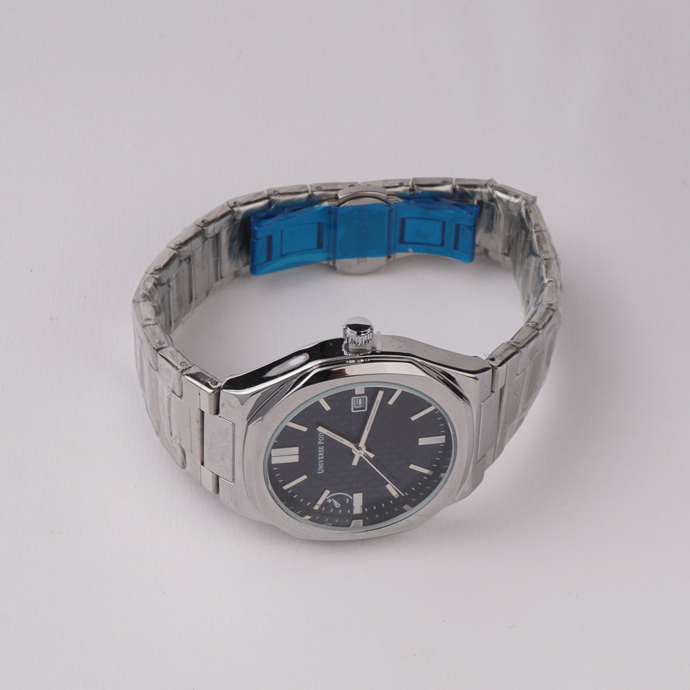 Silver Chain Mans Wrist Watch Blue Dial