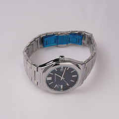 Silver Chain Mans Wrist Watch Blue Dial