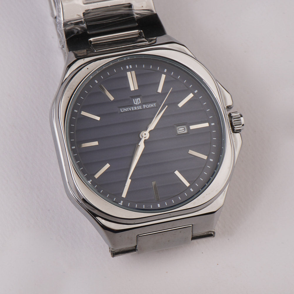 Silver Chain Mans Wrist Watch Blue Dial