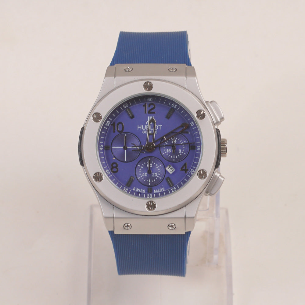 Blue Strap Silver Dial Men's Wrist Watch HB