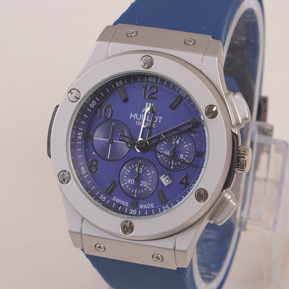 Blue Strap Silver Dial Men's Wrist Watch HB