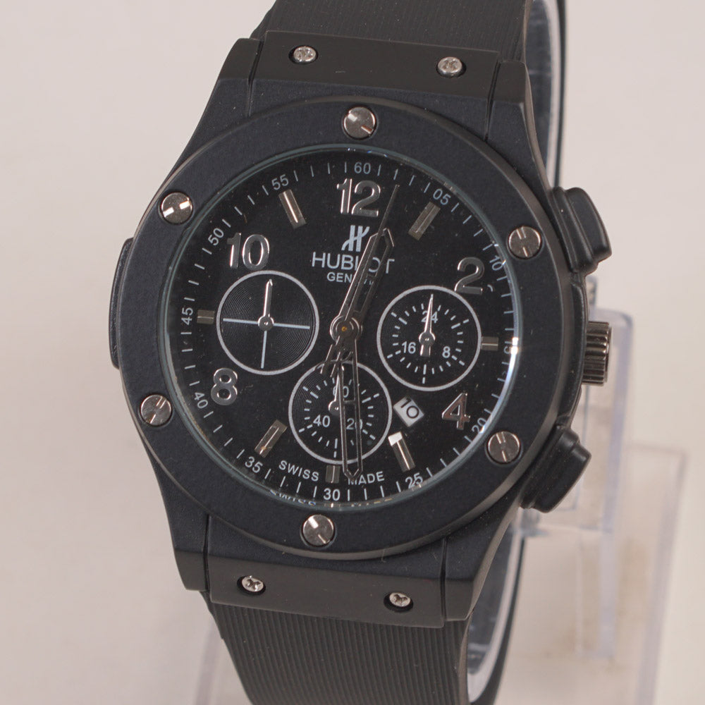Black Strap Black Dial Men's Wrist Watch HB