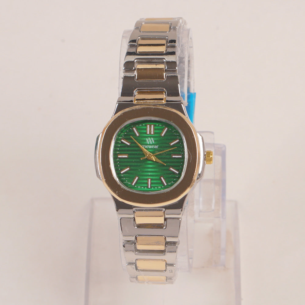 Two Tone Women's Silver Chain Wrist Watch With Green Dial