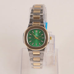 Two Tone Women's Silver Chain Wrist Watch With Green Dial