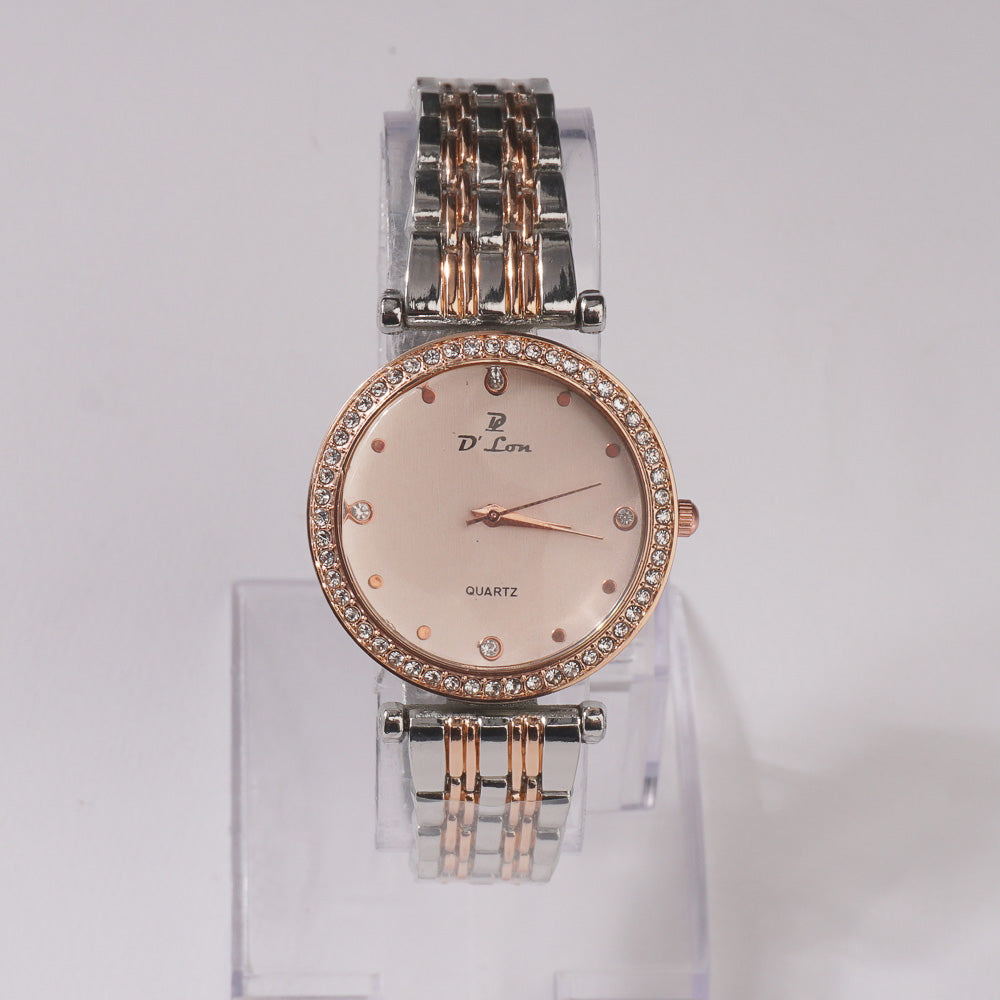 Two Tone Womens Chain Wrist Watch Rosegold - Pink Dial