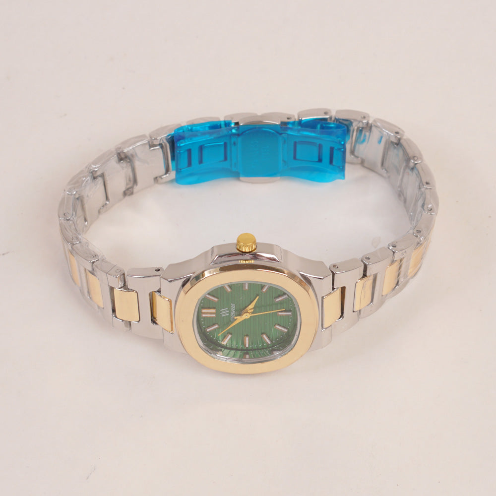 Two Tone Women's Silver Chain Wrist Watch With Green Dial