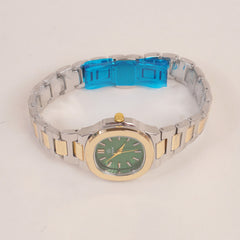 Two Tone Women's Silver Chain Wrist Watch With Green Dial