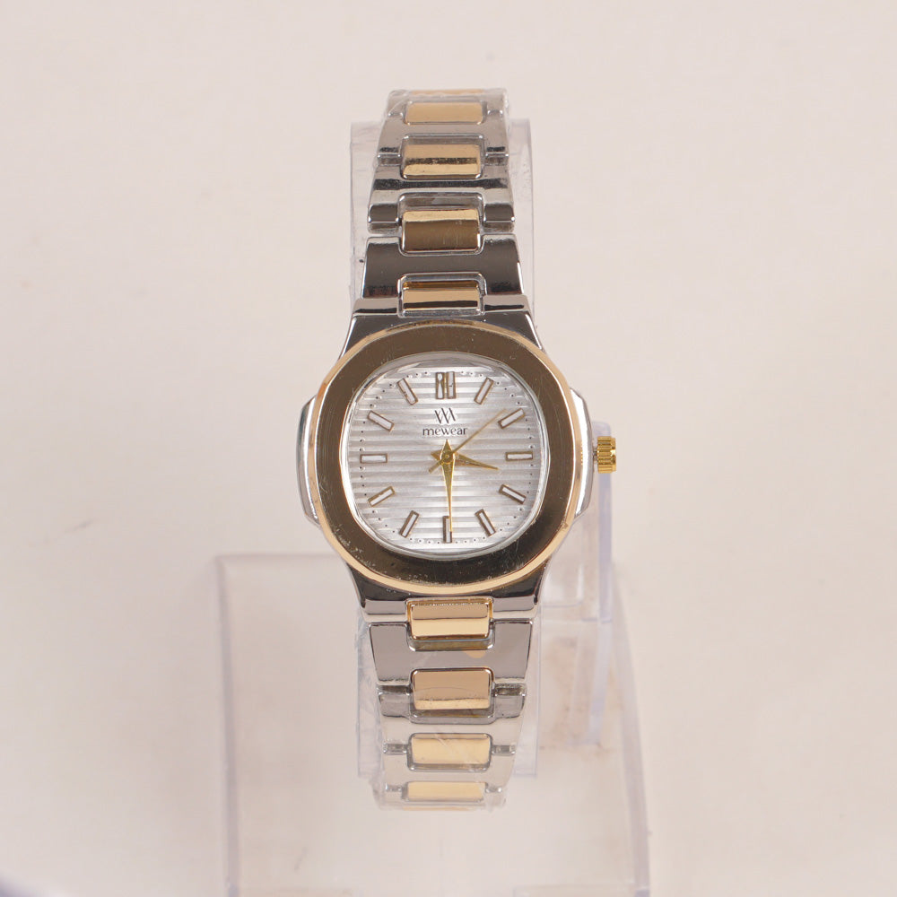Two Tone Women's Silver Golden Chain Wrist Watch With Silver Dial