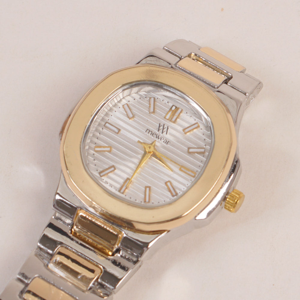Two Tone Women's Silver Golden Chain Wrist Watch With Silver Dial
