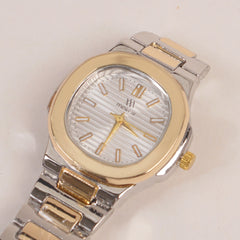 Two Tone Women's Silver Golden Chain Wrist Watch With Silver Dial