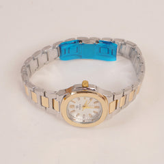 Two Tone Women's Silver Golden Chain Wrist Watch With Silver Dial