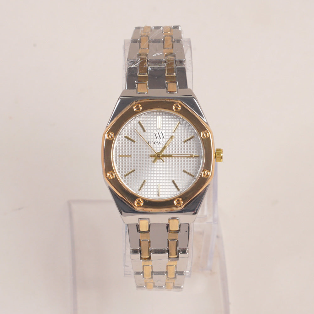 Two Tone Women's Silver Golden Chain Wrist Watch With Silver Dial