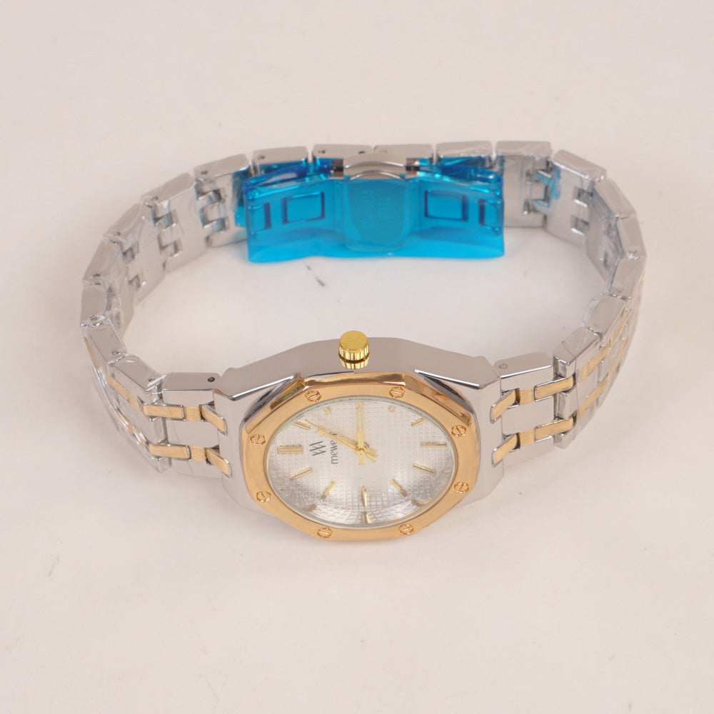 Two Tone Women's Silver Golden Chain Wrist Watch With Silver Dial