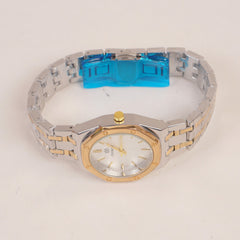 Two Tone Women's Silver Golden Chain Wrist Watch With Silver Dial