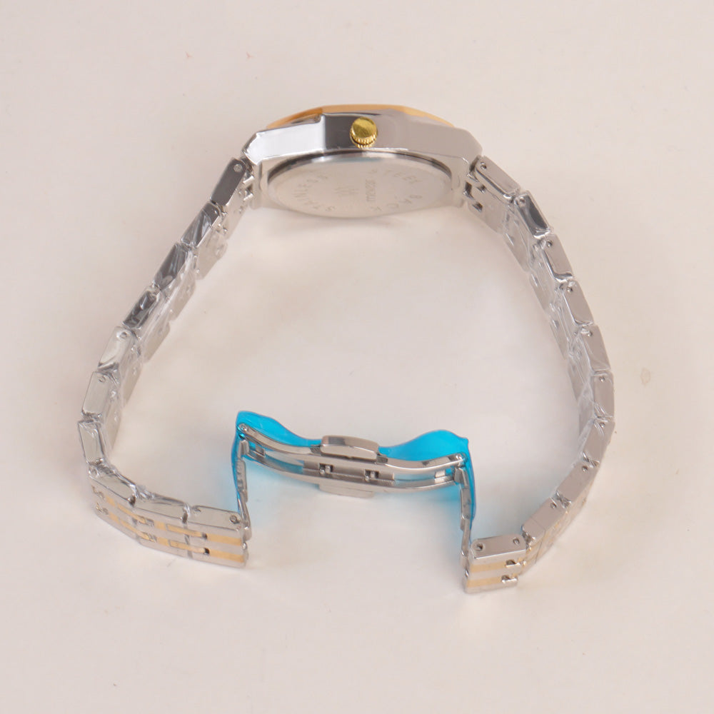 Two Tone Women's Silver Golden Chain Wrist Watch With Silver Dial