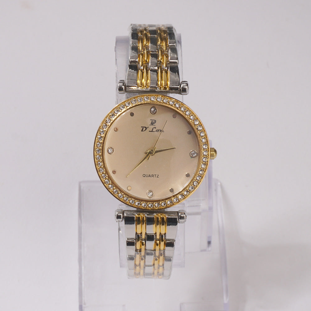 Two Tone Womens Chain Wrist Watch Silver Golden- Golden Dial