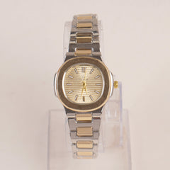 Two Tone Women's Silver Golden Chain Wrist Watch With Golden Dial