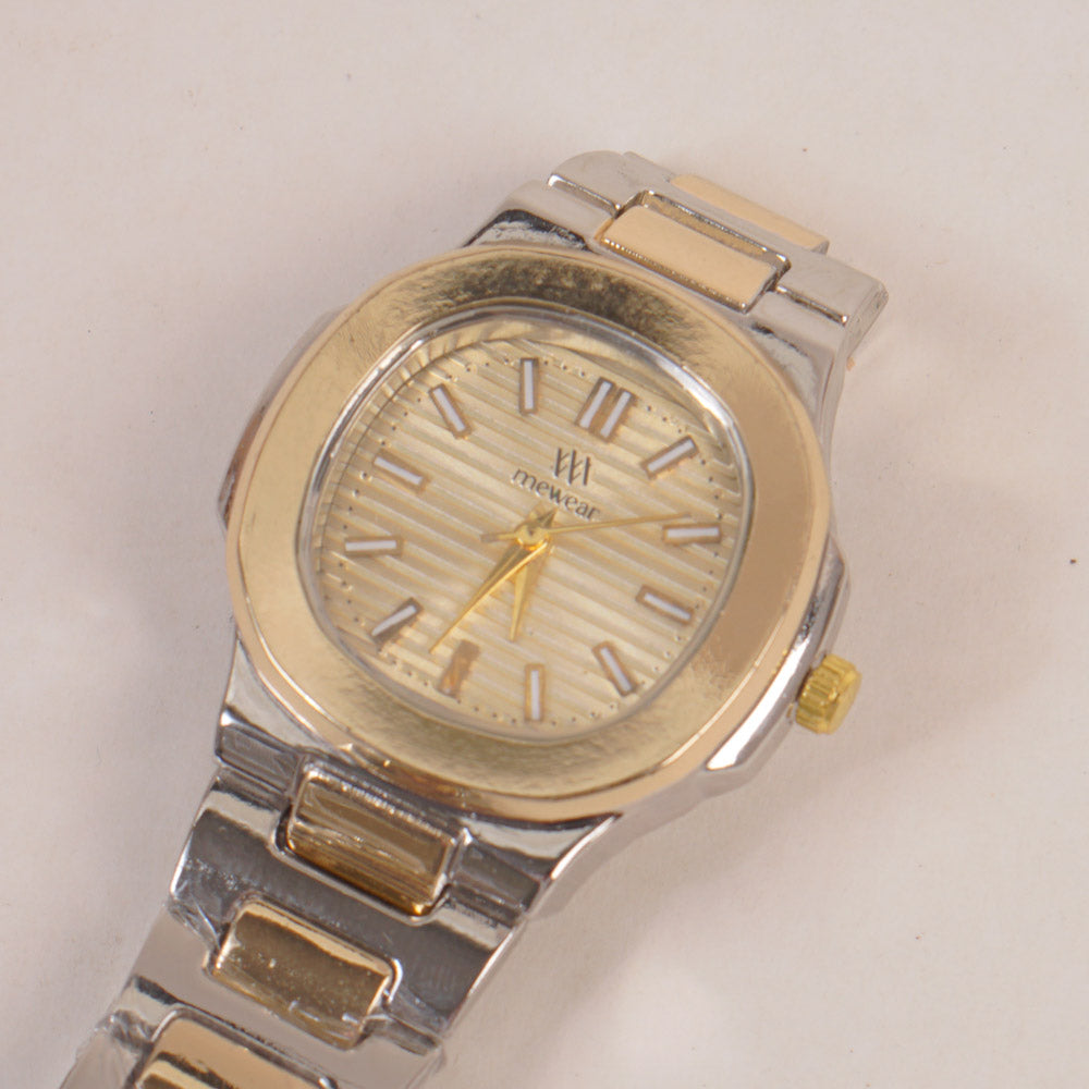 Two Tone Women's Silver Golden Chain Wrist Watch With Golden Dial