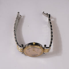 Two Tone Womens Chain Wrist Watch Silver Golden- Golden Dial