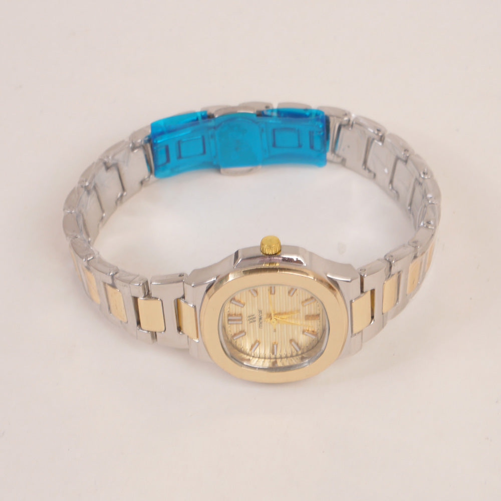 Two Tone Women's Silver Golden Chain Wrist Watch With Golden Dial
