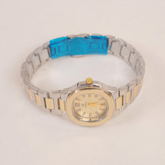 Two Tone Women's Silver Golden Chain Wrist Watch With Golden Dial