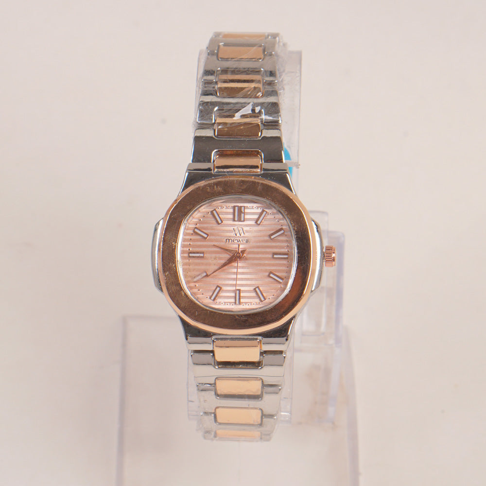 Two Tone Women's Silver Rosegold Chain Wrist Watch With Pink Dial