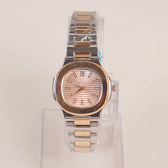 Two Tone Women's Silver Rosegold Chain Wrist Watch With Pink Dial