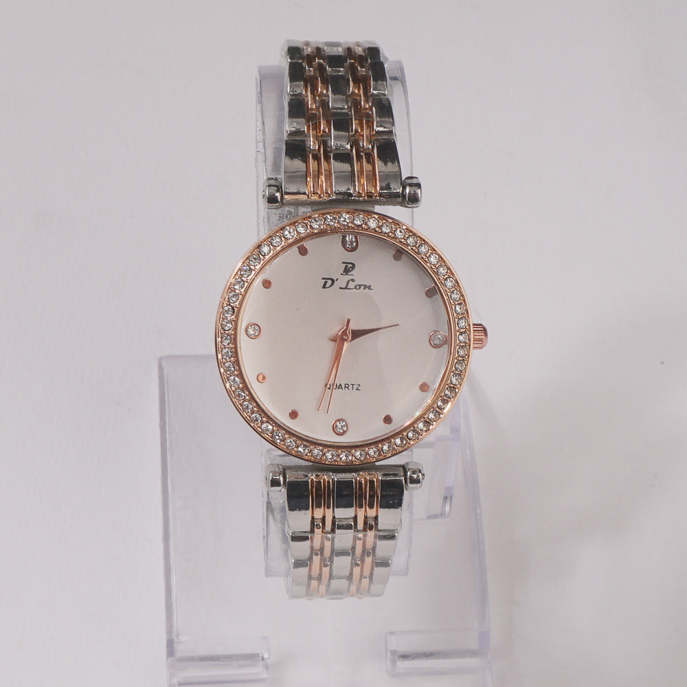 Two Tone Womens Chain Wrist Watch Silver Rosegold-White Dial