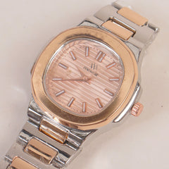 Two Tone Women's Silver Rosegold Chain Wrist Watch With Pink Dial