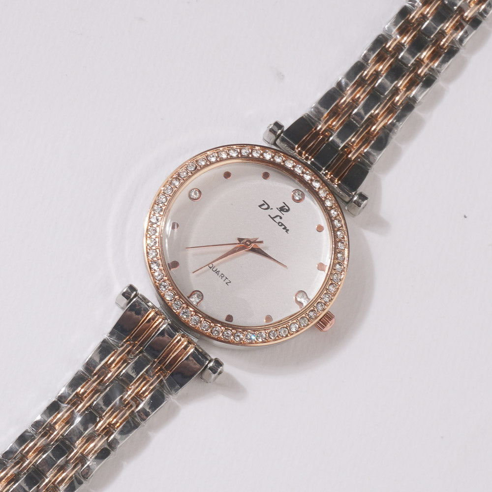 Two Tone Womens Chain Wrist Watch Silver Rosegold-White Dial