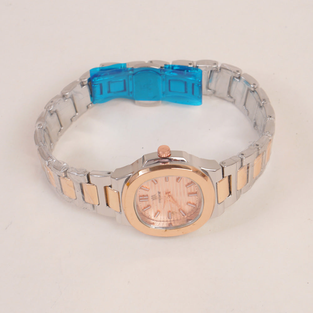 Two Tone Women's Silver Rosegold Chain Wrist Watch With Pink Dial
