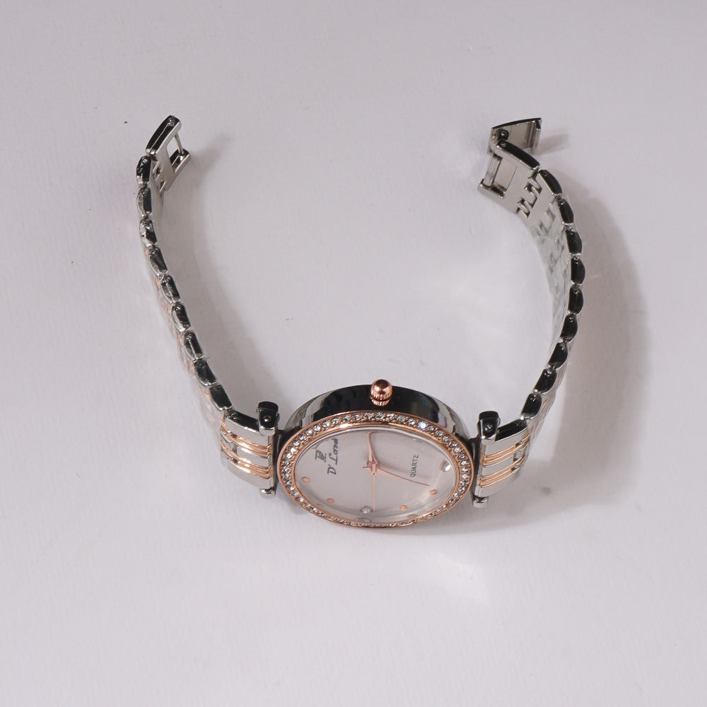 Two Tone Womens Chain Wrist Watch Silver Rosegold-White Dial
