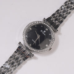 Womens Chain Wrist Watch Silver Black Dial